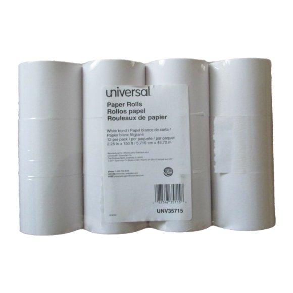 Universal White Bond Calculator Paper Rolls 2.25 in. x‎ 150 ft. 12/Pack UNV35715 - Picture 1 of 5
